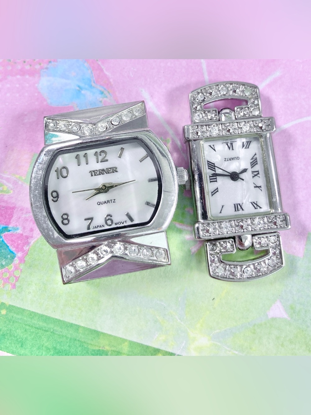 2 x Silver Crystal Accent Watch Face Ring - White Dial